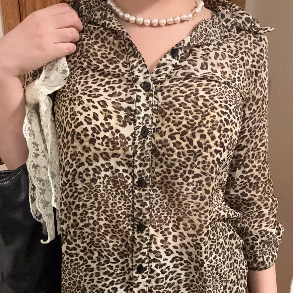 Iz Byer Leopard Print Button-Down Shirt in Beige and Brown